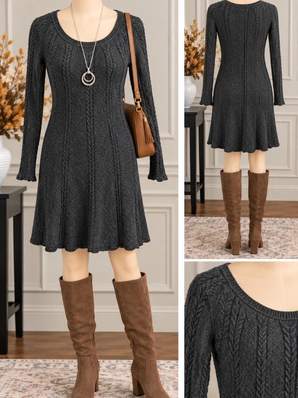 🩶 Old Navy Dark Gray Cable-Knit Sweater Dress – Size Large
